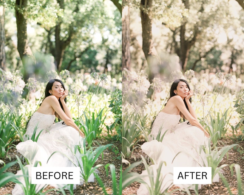 May include: A before and after image of a woman in a white strapless dress, seated in a garden. The "BEFORE" image is on the left, and the "AFTER" image is on the right. The garden features green plants and white flowers, with trees in the background.