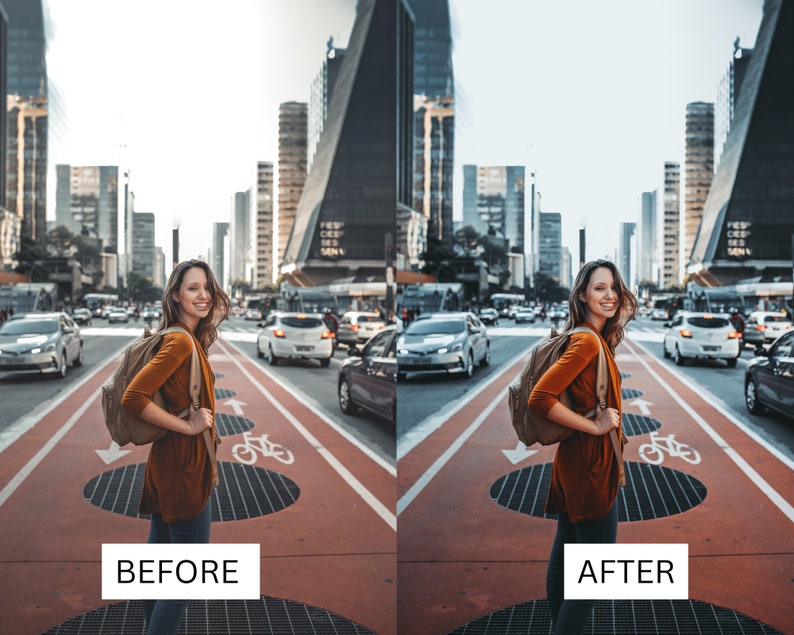 May include: A woman wearing a brown jumper and blue jeans walks down a city street. She is carrying a tan rucksack and smiling at the camera. The street is lined with tall buildings and there are cars parked on both sides.