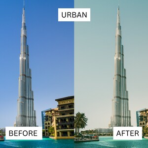 Puede incluir: Una imagen antes y despu&eacute;s que muestra el efecto de un filtro urbano en una foto de un rascacielos alto. La imagen antes muestra un cielo azul claro y el rascacielos en foco n&iacute;tido. La imagen despu&eacute;s muestra un cielo azul m&aacute;s suave y el rascacielos con un filtro vintage aplicado.