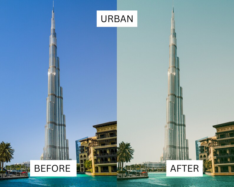 Puede incluir: Una imagen antes y despu&eacute;s que muestra el efecto de un filtro urbano en una foto de un rascacielos alto. La imagen antes muestra un cielo azul claro y el rascacielos en foco n&iacute;tido. La imagen despu&eacute;s muestra un cielo azul m&aacute;s suave y el rascacielos con un filtro vintage aplicado.