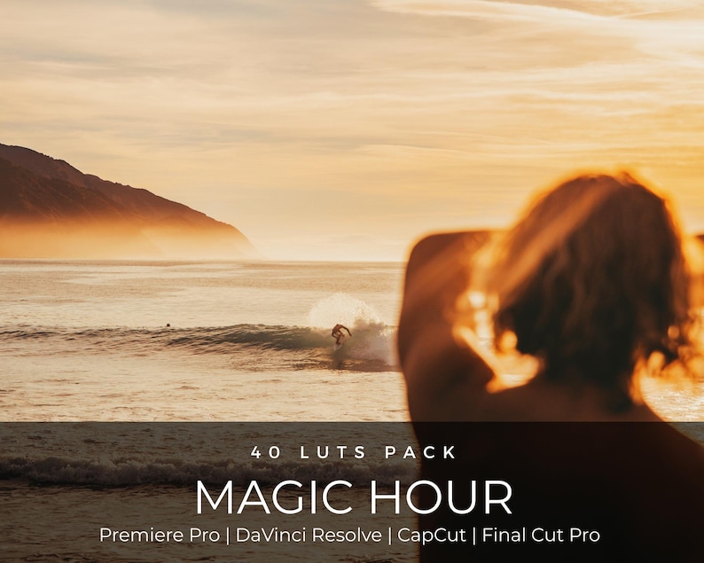 40 LUTs de la hora dorada / Corrección de color cinematográfica al atardecer para Premiere Pro, CapCut y DaVinci Resolve / Paquete de LUTs con aspecto de película cálida imagen 1