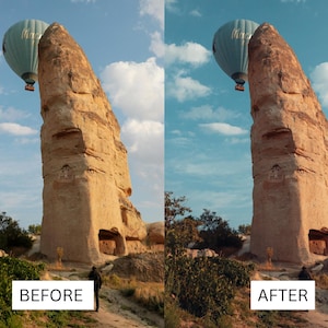 May include: A before and after image comparison. The "before" image shows a tall, eroded rock formation with a hot air balloon in the sky. The "after" image shows the same scene with enhanced colors. Text at the bottom reads "BEFORE" and "AFTER".