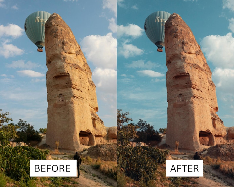 May include: A before and after image comparison. The "before" image shows a tall, eroded rock formation with a hot air balloon in the sky. The "after" image shows the same scene with enhanced colors. Text at the bottom reads "BEFORE" and "AFTER".