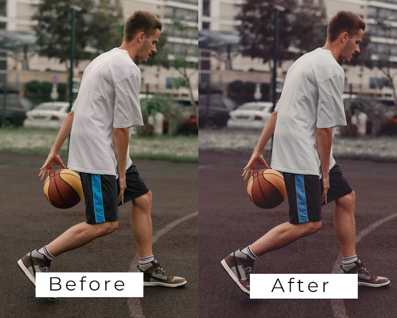 Op de afbeelding: Een persoon dribbelt een basketbal op een basketbalveld. De persoon draagt een wit T-shirt, een zwarte broek met een blauwe streep en bruine sneakers. De basketbal is oranje en bruin.