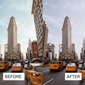 May include: A before and after image demonstrating the difference in a photo editing technique. The before image shows a busy city street with a tall building in the background. The after image shows the same street with a more vibrant and colourful look.