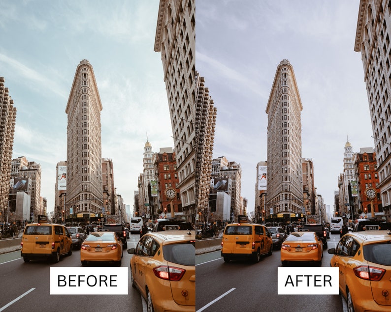 May include: A before and after image demonstrating the difference in a photo editing technique. The before image shows a busy city street with a tall building in the background. The after image shows the same street with a more vibrant and colourful look.