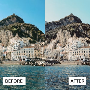 K&ouml;nnte beinhalten: Ein Vorher-Nachher-Bild, das den Unterschied in Farbe und Kontrast eines Fotos einer an einem Kliff gebauten Stadt mit Blick auf das Meer zeigt. Das Vorher-Bild ist etwas matt und ausgewaschen, w&auml;hrend das Nachher-Bild heller und lebendiger ist.