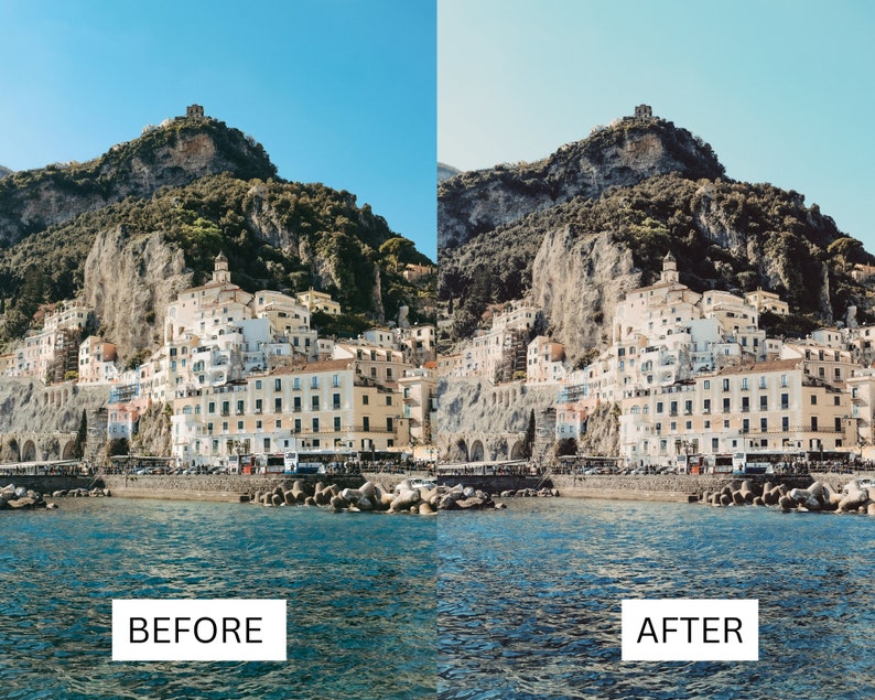 K&ouml;nnte beinhalten: Ein Vorher-Nachher-Bild, das den Unterschied in Farbe und Kontrast eines Fotos einer an einem Kliff gebauten Stadt mit Blick auf das Meer zeigt. Das Vorher-Bild ist etwas matt und ausgewaschen, w&auml;hrend das Nachher-Bild heller und lebendiger ist.