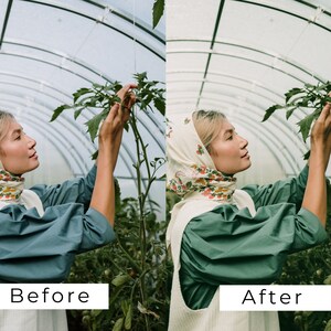 Puede incluir: Una mujer con un pa&ntilde;uelo blanco con estampado floral y una camisa verde azulada est&aacute; cuidando una planta en un invernadero.