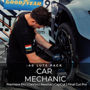 May include: A mechanic wearing a black t-shirt with a Hungarian flag patch uses a blue power tool to tighten the lug nuts on a dark blue race car wheel. The image includes the text 40 LUTS PACK CAR MECHANIC Premiere Pro DaVinci Resolve CapCut Final Cut Pro.
