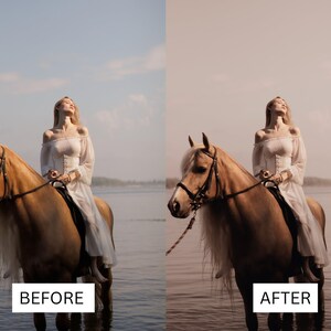 May include: A woman in a white dress rides a light brown horse in a body of water. The horse has a long white mane and tail. The woman is looking up at the sky. The background is a light blue sky and a body of water.