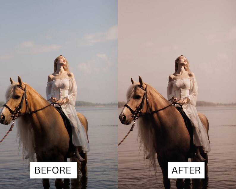 May include: A woman in a white dress rides a light brown horse in a body of water. The horse has a long white mane and tail. The woman is looking up at the sky. The background is a light blue sky and a body of water.