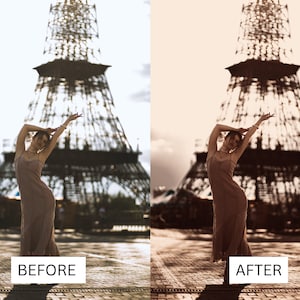 Puede incluir: Imagen en tonos sepia de una mujer con un vestido posando frente a la Torre Eiffel. La imagen tiene una comparaci&oacute;n "ANTES" y "DESPU&Eacute;S", mostrando un ajuste de color. La mujer lleva un vestido y joyas.