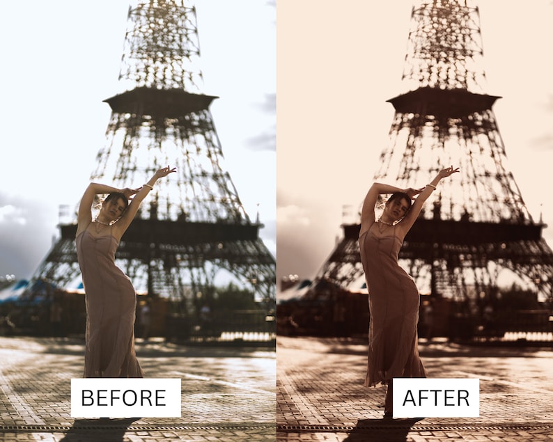 Puede incluir: Imagen en tonos sepia de una mujer con un vestido posando frente a la Torre Eiffel. La imagen tiene una comparaci&oacute;n "ANTES" y "DESPU&Eacute;S", mostrando un ajuste de color. La mujer lleva un vestido y joyas.