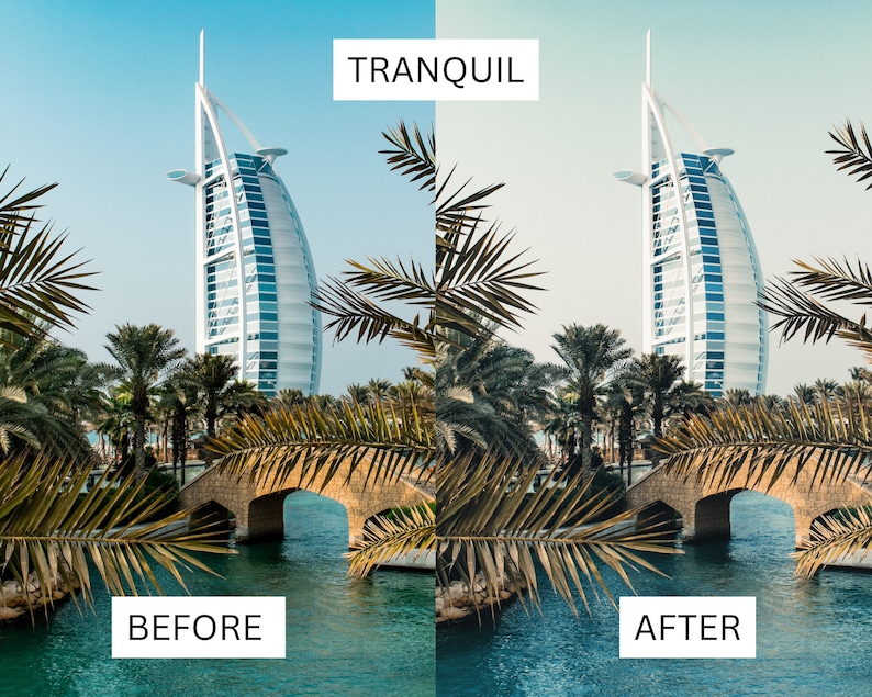 Puede incluir: Una imagen de antes y despu&eacute;s que muestra los efectos de un filtro fotogr&aacute;fico. La imagen de antes muestra un edificio alto y blanco con una parte superior curva, palmeras y un puente sobre una masa de agua. La imagen de despu&eacute;s muestra la misma escena con una paleta de colores m&aacute;s tranquila y suave.