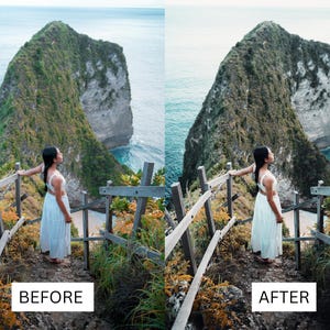K&ouml;nnte beinhalten: Eine Frau in einem wei&szlig;en Kleid steht auf einem Holzsteg mit Blick auf eine felsige Insel und das Meer. Das Bild zeigt den Unterschied zwischen dem Originalbild und dem bearbeiteten Bild.