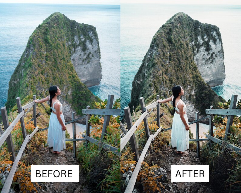 K&ouml;nnte beinhalten: Eine Frau in einem wei&szlig;en Kleid steht auf einem Holzsteg mit Blick auf eine felsige Insel und das Meer. Das Bild zeigt den Unterschied zwischen dem Originalbild und dem bearbeiteten Bild.