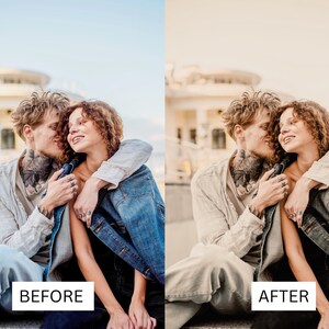 May include: A couple sitting on a concrete ledge, the man has his arm around the woman and they are looking at each other and smiling. The man is wearing a light brown shirt and the woman is wearing a denim jacket.
