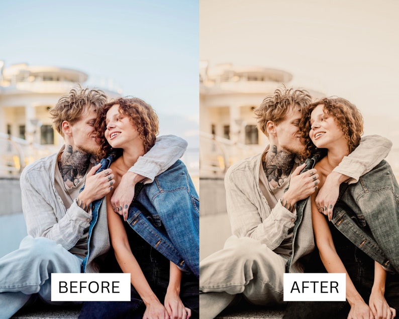May include: A couple sitting on a concrete ledge, the man has his arm around the woman and they are looking at each other and smiling. The man is wearing a light brown shirt and the woman is wearing a denim jacket.