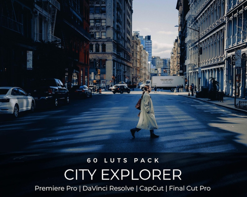 Puede incluir: Una escena de la calle de la ciudad con una persona cruzando la calle. La imagen tiene una paleta de colores azul y gris. El texto en la parte inferior dice "60 LUTS PACK CITY EXPLORER Premiere Pro | DaVinci Resolve | CapCut | Final Cut Pro."