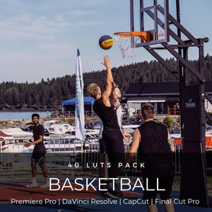 May include: A basketball game in progress on an outdoor court with a Spalding hoop and a Wilson ball in the air. The text 40 LUTS PACK BASKETBALL Premiere Pro | DaVinci Resolve | CapCut | Final Cut Pro is overlaid on the image of players in motion.