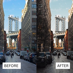 May include: A view of the Manhattan Bridge in New York City, seen from a street lined with brick buildings. The bridge is in the background, and the street is in the foreground. There are cars parked on both sides of the street.