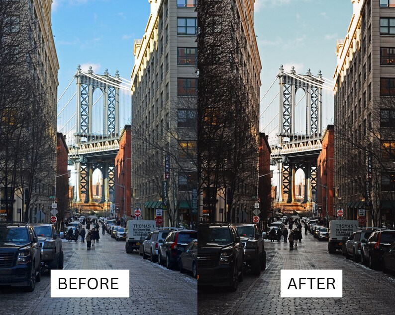 May include: A view of the Manhattan Bridge in New York City, seen from a street lined with brick buildings. The bridge is in the background, and the street is in the foreground. There are cars parked on both sides of the street.