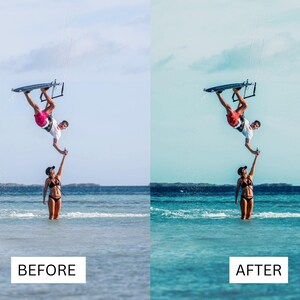 May include: A kitesurfer in mid-air performs a trick over the ocean, with a person standing in the water below. The sky is blue with some clouds. The image has the text "BEFORE" and "AFTER" at the bottom.
