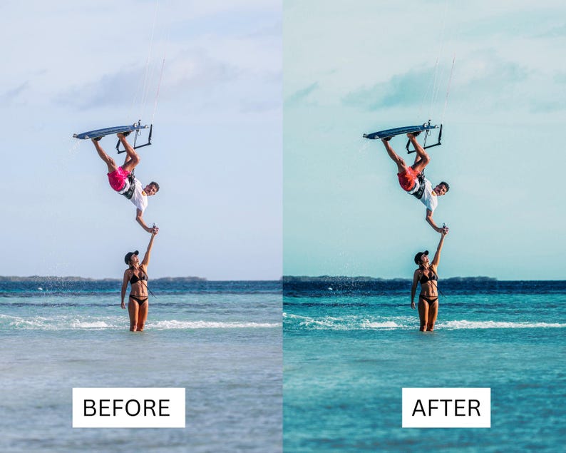 May include: A kitesurfer in mid-air performs a trick over the ocean, with a person standing in the water below. The sky is blue with some clouds. The image has the text "BEFORE" and "AFTER" at the bottom.