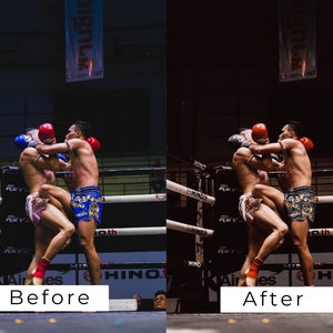 K&ouml;nnte beinhalten: Zwei M&auml;nner mit roten und blauen Boxhandschuhen k&auml;mpfen in einem Boxring. Der Mann links tr&auml;gt rosa Shorts und der Mann rechts tr&auml;gt gr&uuml;n-blaue Shorts. Der Ring ist von einem schwarzen Metallzaun umgeben.