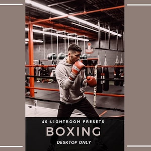 Puede incluir: Una persona en un ring de boxeo con guantes de boxeo rojos y una sudadera con capucha gris. La imagen incluye el texto "40 Lightroom Presets BOXING DESKTOP ONLY". El fondo muestra un gimnasio de boxeo con sacos de boxeo.