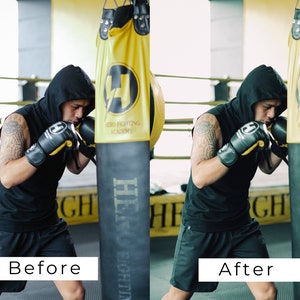 K&ouml;nnte beinhalten: Ein Mann in einem schwarzen Kapuzenpullover und schwarzen Shorts trainiert Boxen mit einem Boxsack. Er tr&auml;gt schwarze Boxhandschuhe und hat ein Tattoo auf seinem Arm. Der Boxsack ist gelb und schwarz und hat den Text "HERO FIGHTING ACADEMY" aufgedruckt.