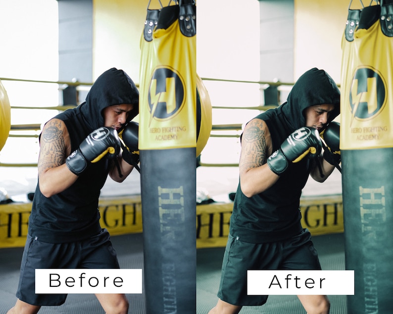 K&ouml;nnte beinhalten: Ein Mann in einem schwarzen Kapuzenpullover und schwarzen Shorts trainiert Boxen mit einem Boxsack. Er tr&auml;gt schwarze Boxhandschuhe und hat ein Tattoo auf seinem Arm. Der Boxsack ist gelb und schwarz und hat den Text "HERO FIGHTING ACADEMY" aufgedruckt.