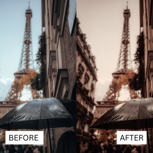 Puede incluir: Imagen dividida que muestra una escena callejera parisina con la Torre Eiffel al fondo. El lado izquierdo est&aacute; etiquetado como "ANTES" y el lado derecho como "DESPU&Eacute;S", mostrando un efecto de edici&oacute;n de fotos. Un paraguas negro est&aacute; en primer plano.