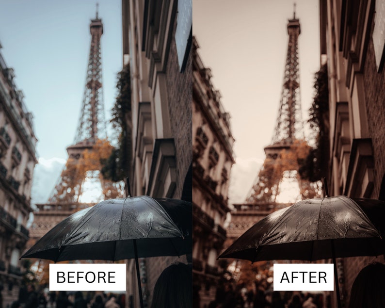 Puede incluir: Imagen dividida que muestra una escena callejera parisina con la Torre Eiffel al fondo. El lado izquierdo est&aacute; etiquetado como "ANTES" y el lado derecho como "DESPU&Eacute;S", mostrando un efecto de edici&oacute;n de fotos. Un paraguas negro est&aacute; en primer plano.