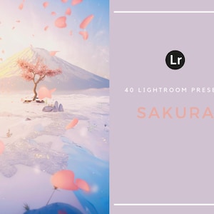以下が含まれることがあります： 雪景色の中にピンクの桜の木が1本立っているデジタルイラスト。背景には山がある。この画像はAdobe Lightroomで使用できるデジタル製品です。画像には「40 Lightroom Presets」と「Sakura」の文字が表示されています。