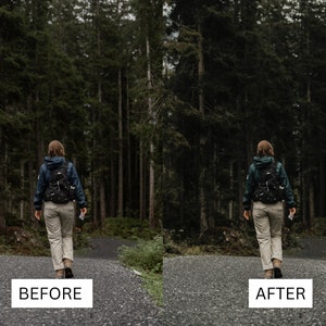 May include: A person walking away from the camera on a gravel path through a dense forest of tall, green trees. The person wears a dark blue jacket, khaki trousers, and a backpack. The image has the text "BEFORE" and "AFTER" in white rectangles at the bottom.