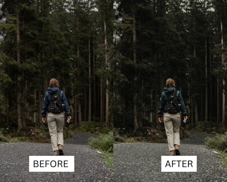 May include: A person walking away from the camera on a gravel path through a dense forest of tall, green trees. The person wears a dark blue jacket, khaki trousers, and a backpack. The image has the text "BEFORE" and "AFTER" in white rectangles at the bottom.