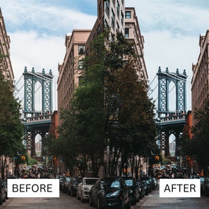 May include: A view of the Manhattan Bridge in New York City, seen from a street lined with brick buildings and trees. The bridge is a steel structure with a large arch in the middle. The street is busy with cars and people.