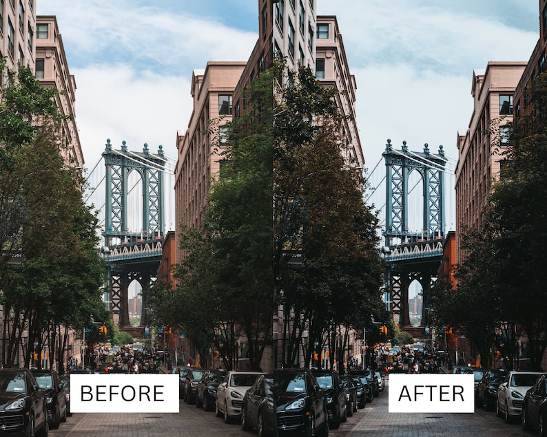 May include: A view of the Manhattan Bridge in New York City, seen from a street lined with brick buildings and trees. The bridge is a steel structure with a large arch in the middle. The street is busy with cars and people.