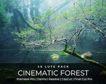 May include: A digital product pack titled 40 LUTS PACK CINEMATIC FOREST, compatible with Premiere Pro, DaVinci Resolve, CapCut, and Final Cut Pro, featuring a background image of a misty, mossy forest with a dark, reflective pond.