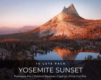 10 LUT-ów „Zachód słońca w Yosemite” | Grading kolorów krajobrazu „Złota godzina” dla Premiere Pro, CapCut i DaVinci Resolve | Pakiet ciepłych, kinowych LUT-ów