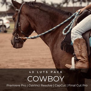 May include: A brown horse with a black bridle and a blue and white rope rein, wearing a saddle with a black and blue blanket. The image features the text 40 LUTS PACK COWBOY Premiere Pro | DaVinci Resolve | CapCut | Final Cut Pro overlaid at the bottom.
