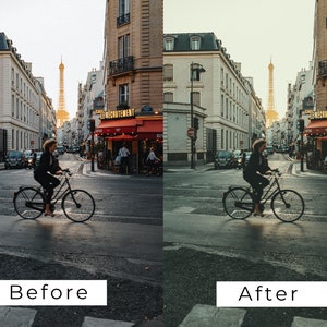 Puede incluir: Una persona monta en bicicleta por una calle de Par&iacute;s, Francia. La Torre Eiffel es visible en la distancia. La calle est&aacute; bordeada de edificios y hay caf&eacute;s a ambos lados.