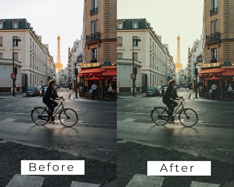 Puede incluir: Una persona monta en bicicleta por una calle de Par&iacute;s, Francia. La Torre Eiffel es visible en la distancia. La calle est&aacute; bordeada de edificios y hay caf&eacute;s a ambos lados.
