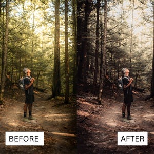 May include: A person wearing a backpack stands on a path in a forest. The person is looking up at the sun shining through the trees. The image on the left shows the original image, and the image on the right shows the image after editing.