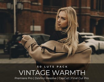50 vintage warme LUT's | Bruin Moody filmische kleurgradatie voor Premiere Pro, CapCut en DaVinci Resolve | Redactioneel modefilmlook