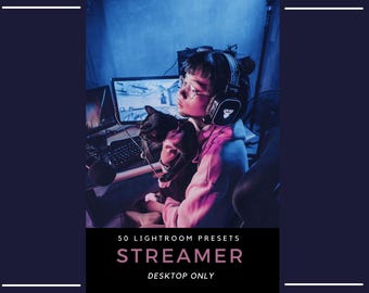 May include: A person wearing glasses and headphones, holding a black cat, sits in front of a computer. The image is lit with blue and pink hues. The text on the image reads "50 Lightroom Presets STREAMER DESKTOP ONLY."