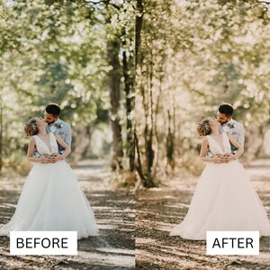 May include: A wedding photo shows a couple kissing in a sunlit forest. The bride wears a white, V-neck wedding dress. The groom is in a light blue suit. The image has the text "BEFORE" and "AFTER" at the bottom.