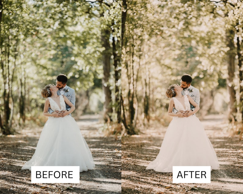 May include: A wedding photo shows a couple kissing in a sunlit forest. The bride wears a white, V-neck wedding dress. The groom is in a light blue suit. The image has the text "BEFORE" and "AFTER" at the bottom.